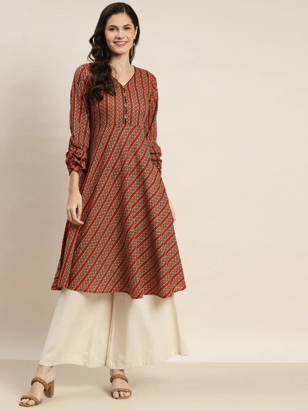 Jompers Women's Printed Anarkali Kurta - Brown - Distacart