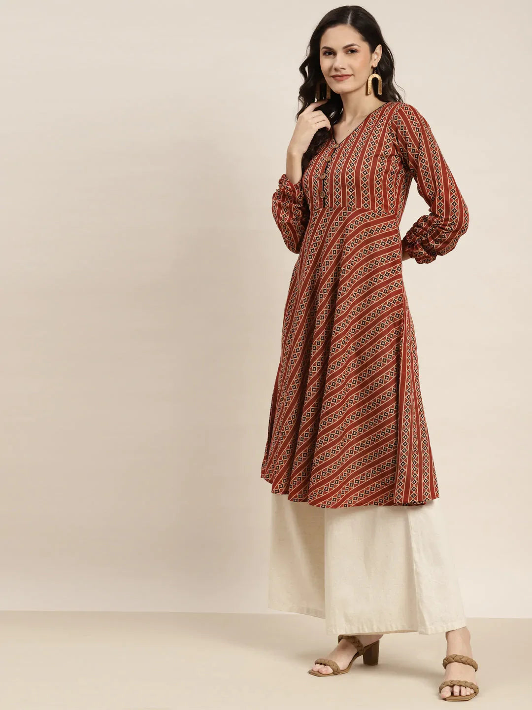 Jompers Women's Printed Anarkali Kurta - Brown - Distacart