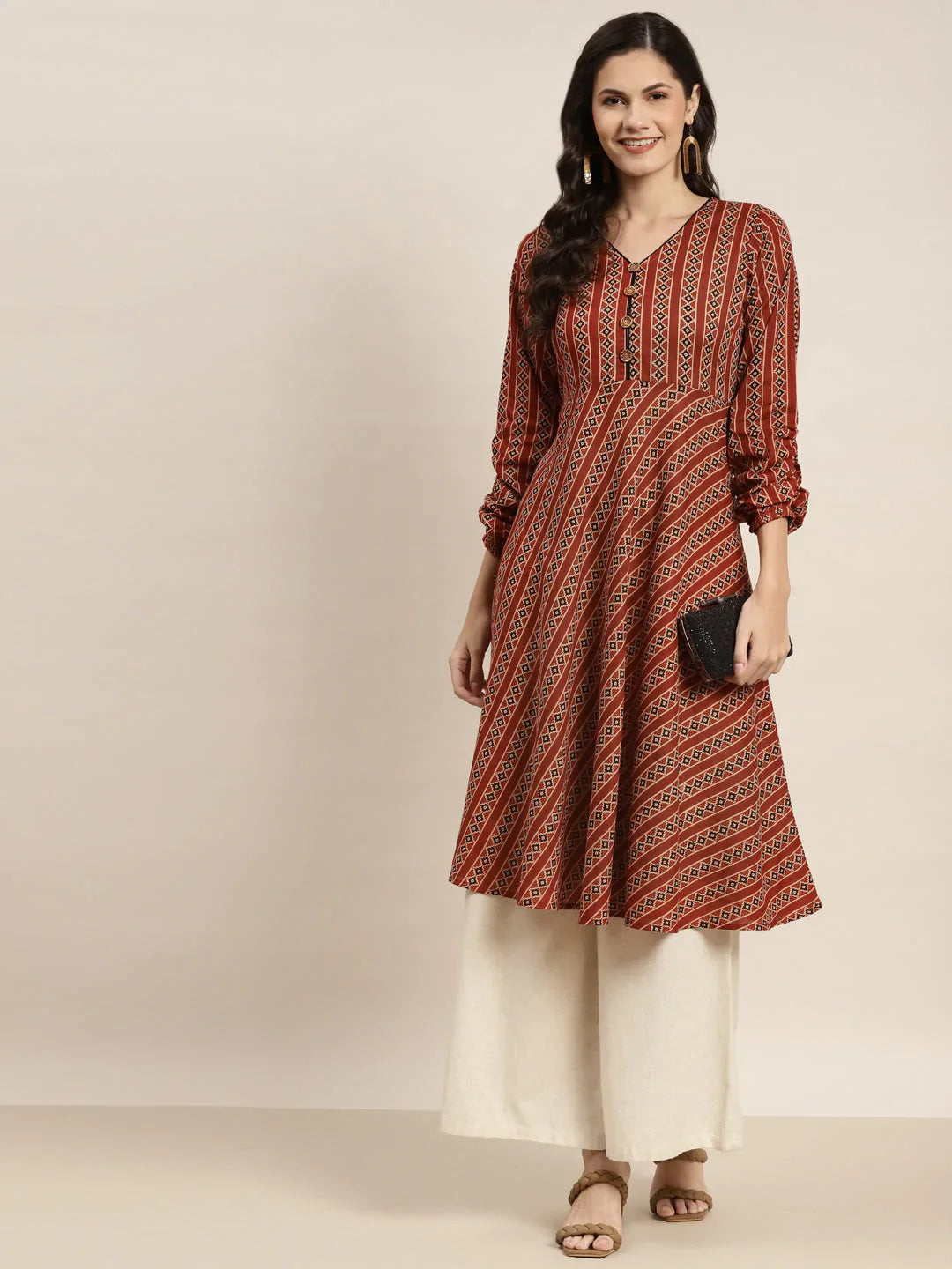 Jompers Women's Printed Anarkali Kurta - Brown - Distacart