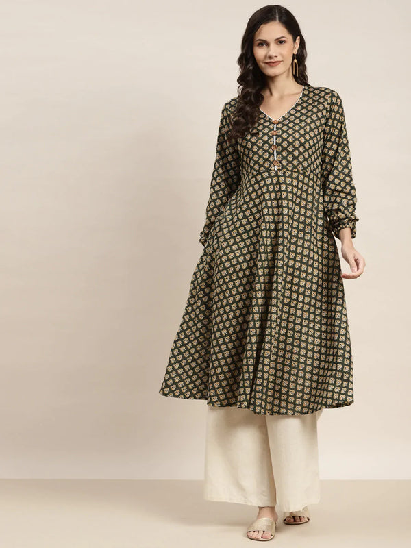 Jompers Women's Printed Anarkali Kurta - Green - Distacart