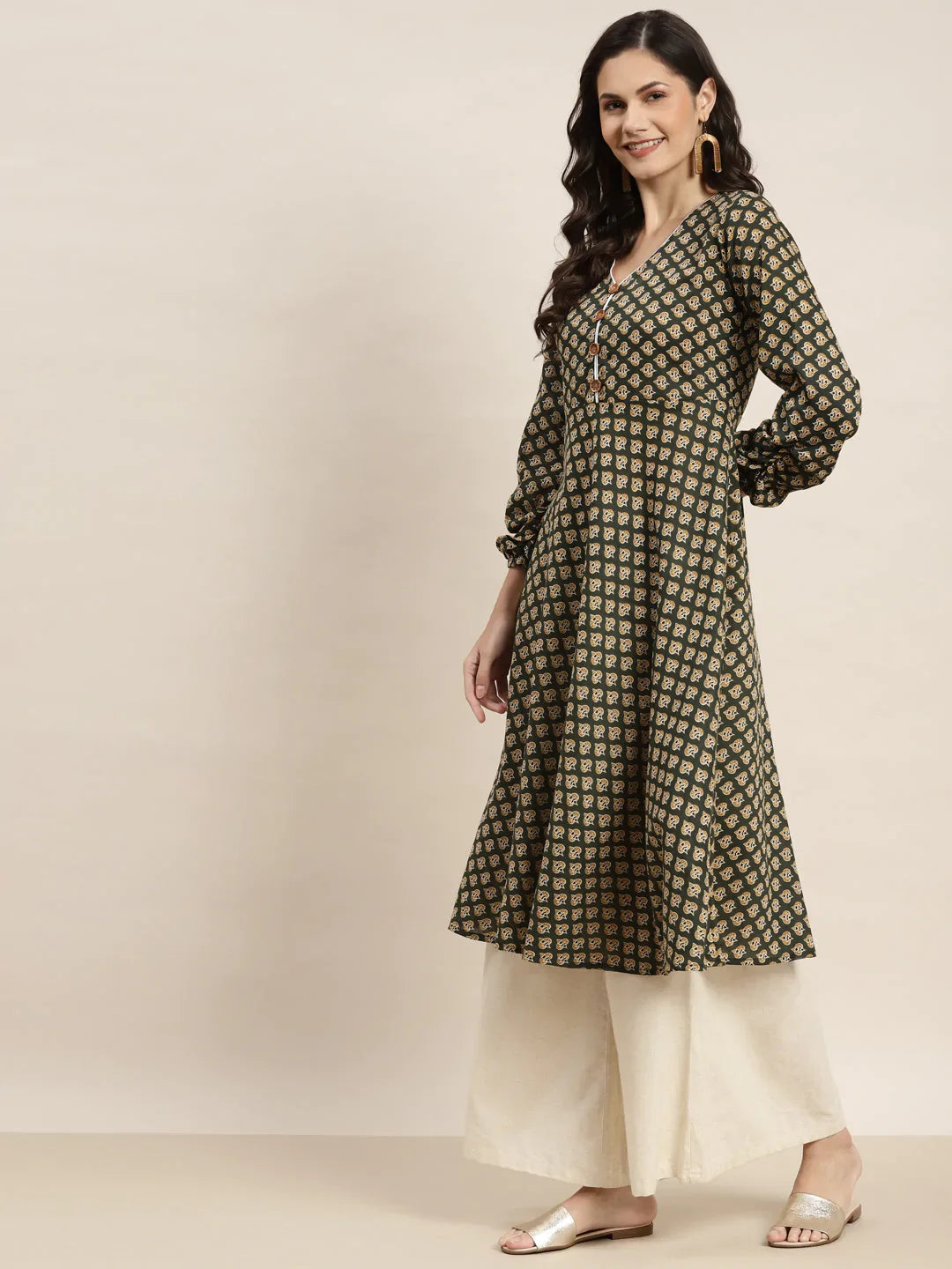 Jompers Women's Printed Anarkali Kurta - Green - Distacart