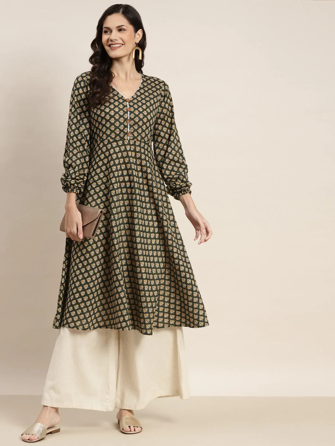 Jompers Women's Printed Anarkali Kurta - Green - Distacart