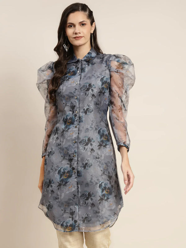 Jompers Women's Organza Printed Puff Sleeves Kurta - Grey - Distacart