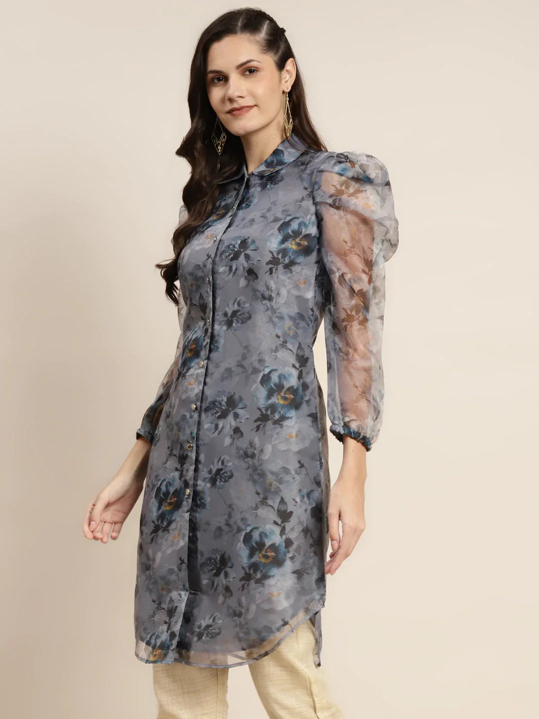 Jompers Women's Organza Printed Puff Sleeves Kurta - Grey - Distacart