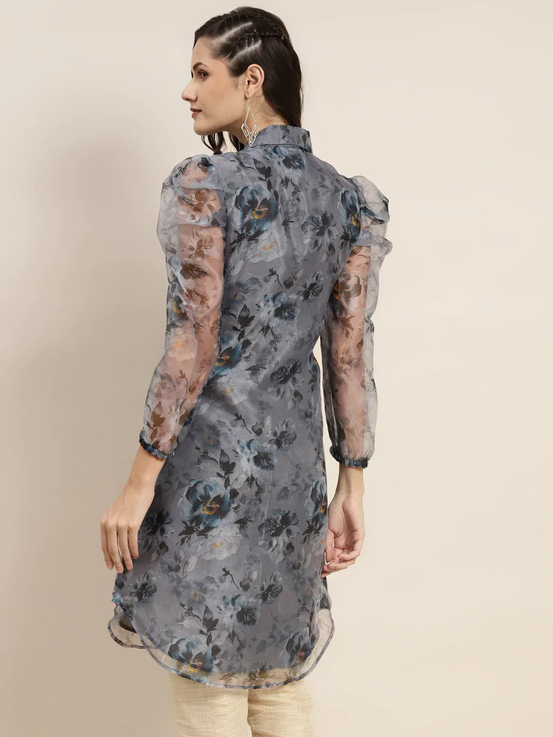Jompers Women's Organza Printed Puff Sleeves Kurta - Grey - Distacart