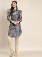 Thumbnail for Jompers Women's Organza Printed Puff Sleeves Kurta - Grey - Distacart