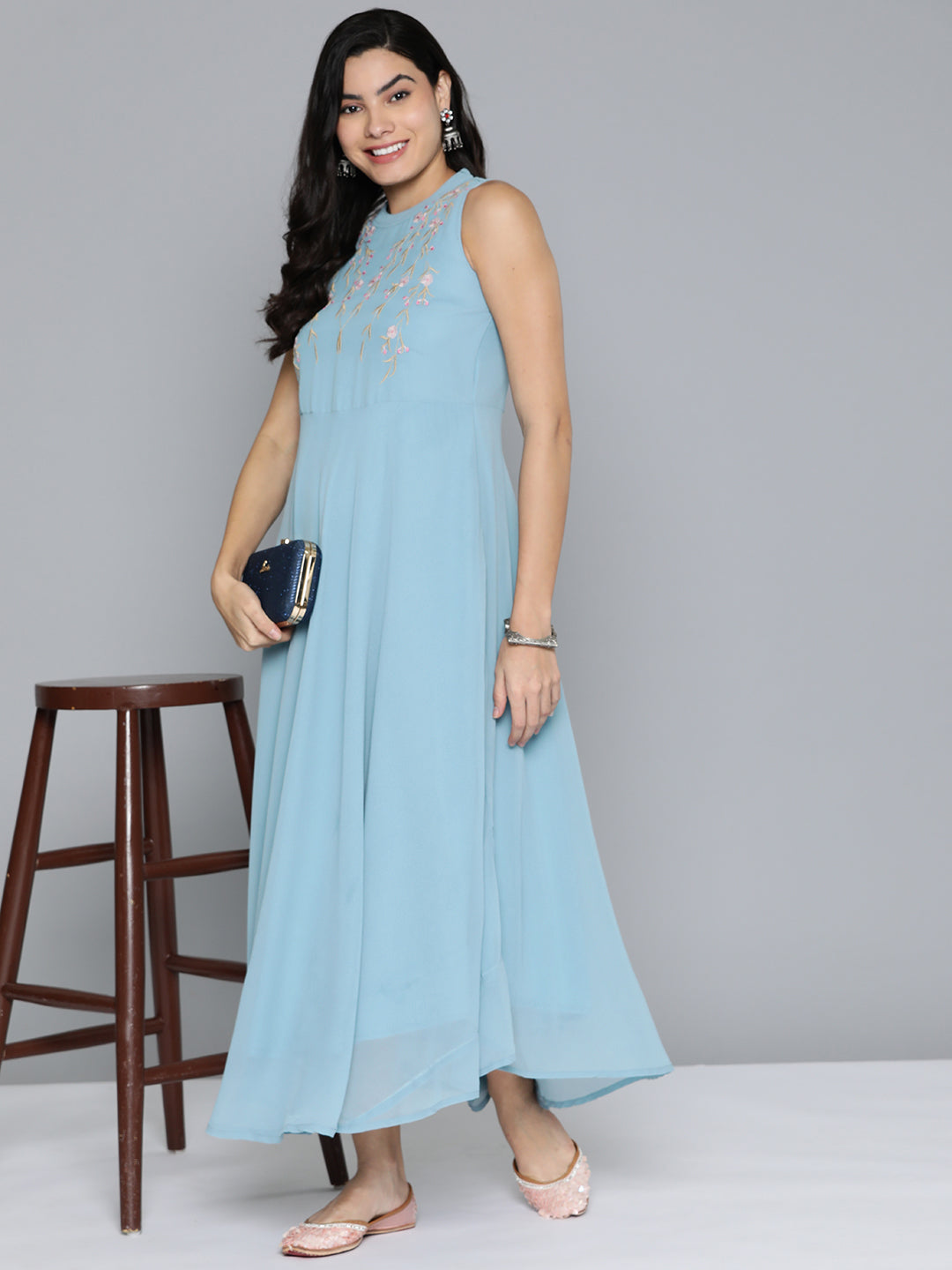 Jompers Women's Embroidered Powder Grey flared Dress - Blue - Distacart