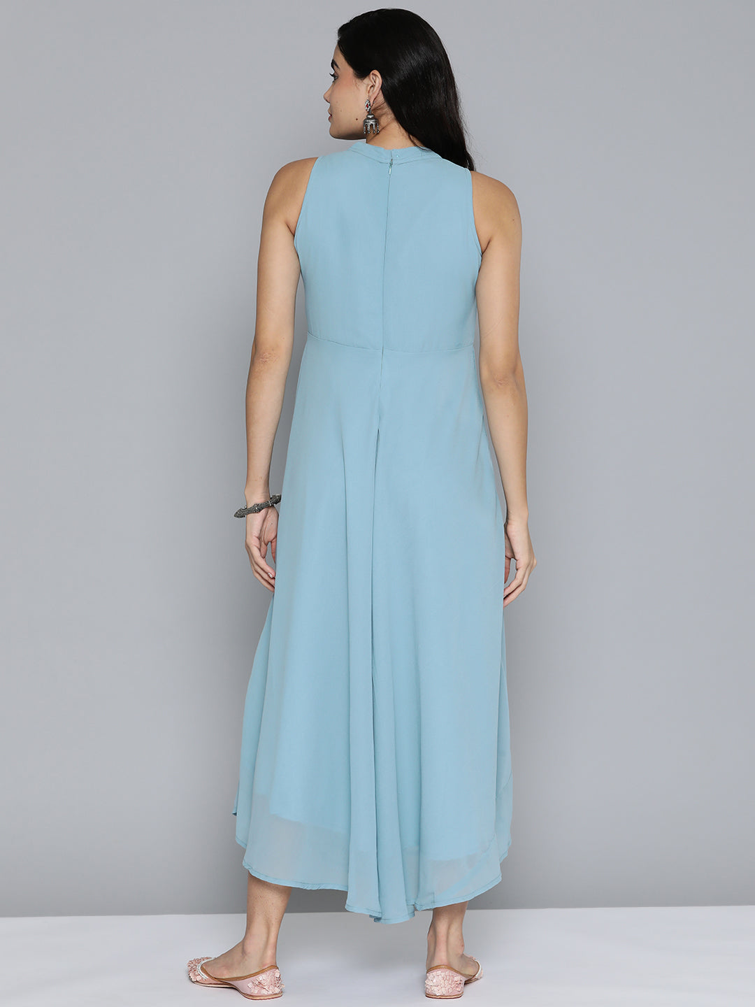 Jompers Women's Embroidered Powder Grey flared Dress - Blue - Distacart