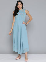 Thumbnail for Jompers Women's Embroidered Powder Grey flared Dress - Blue - Distacart