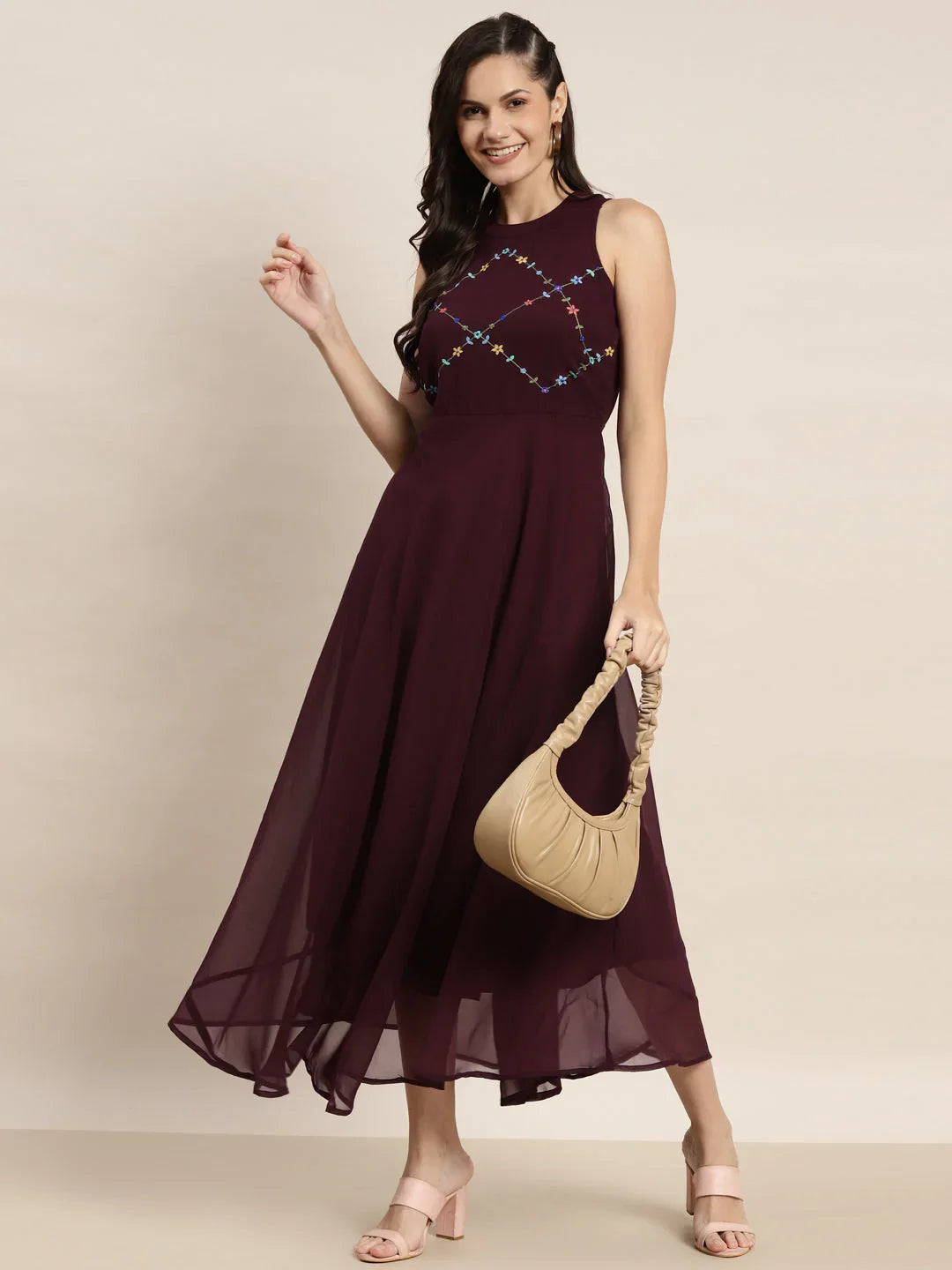 Jompers Women's Embroidered A-Line Midi Dress - Purple - Distacart