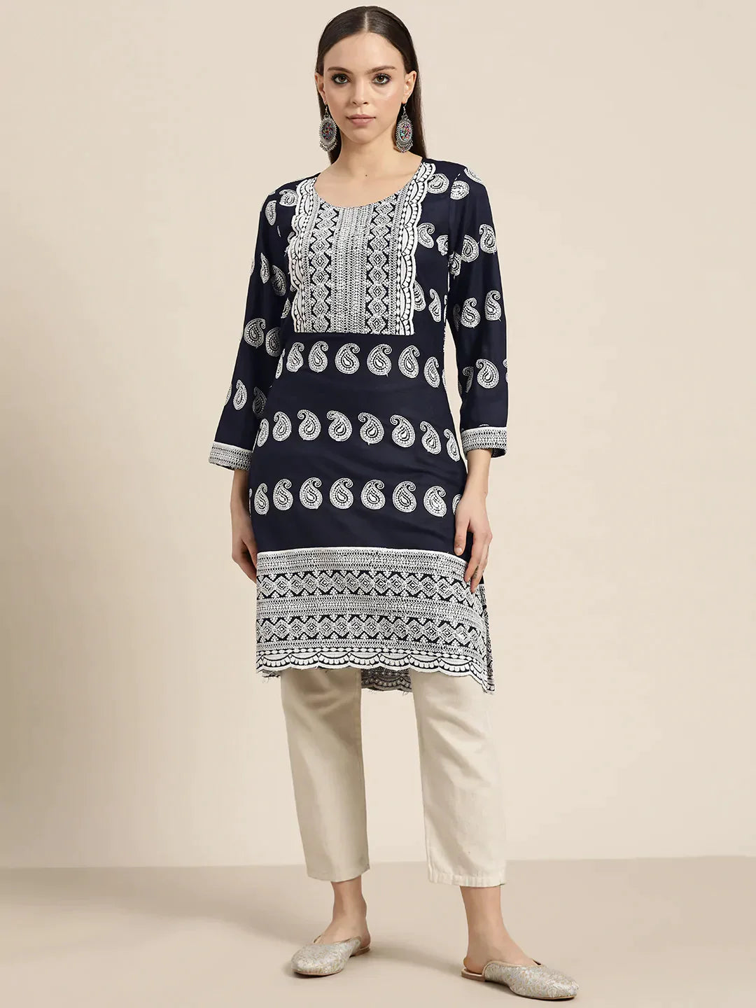 Jompers Women's Paisley Embroidered Sequinned Chikankari Kurta - Navy Blue - Distacart