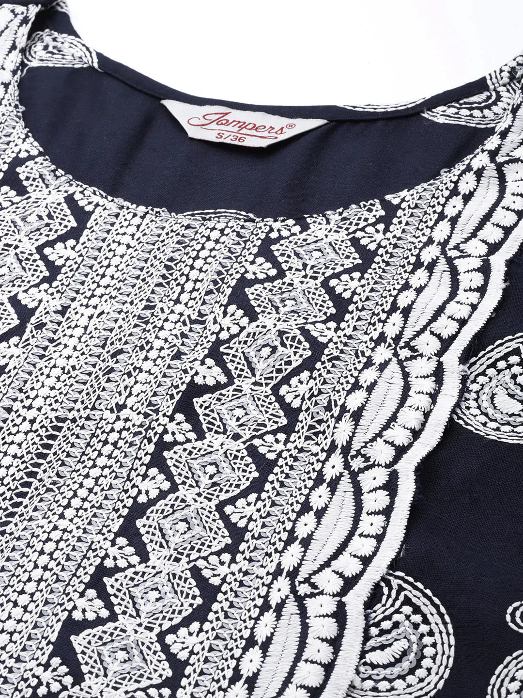 Jompers Women's Paisley Embroidered Sequinned Chikankari Kurta - Navy Blue - Distacart