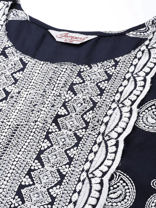 Jompers Women's Paisley Embroidered Sequinned Chikankari Kurta - Navy Blue - Distacart