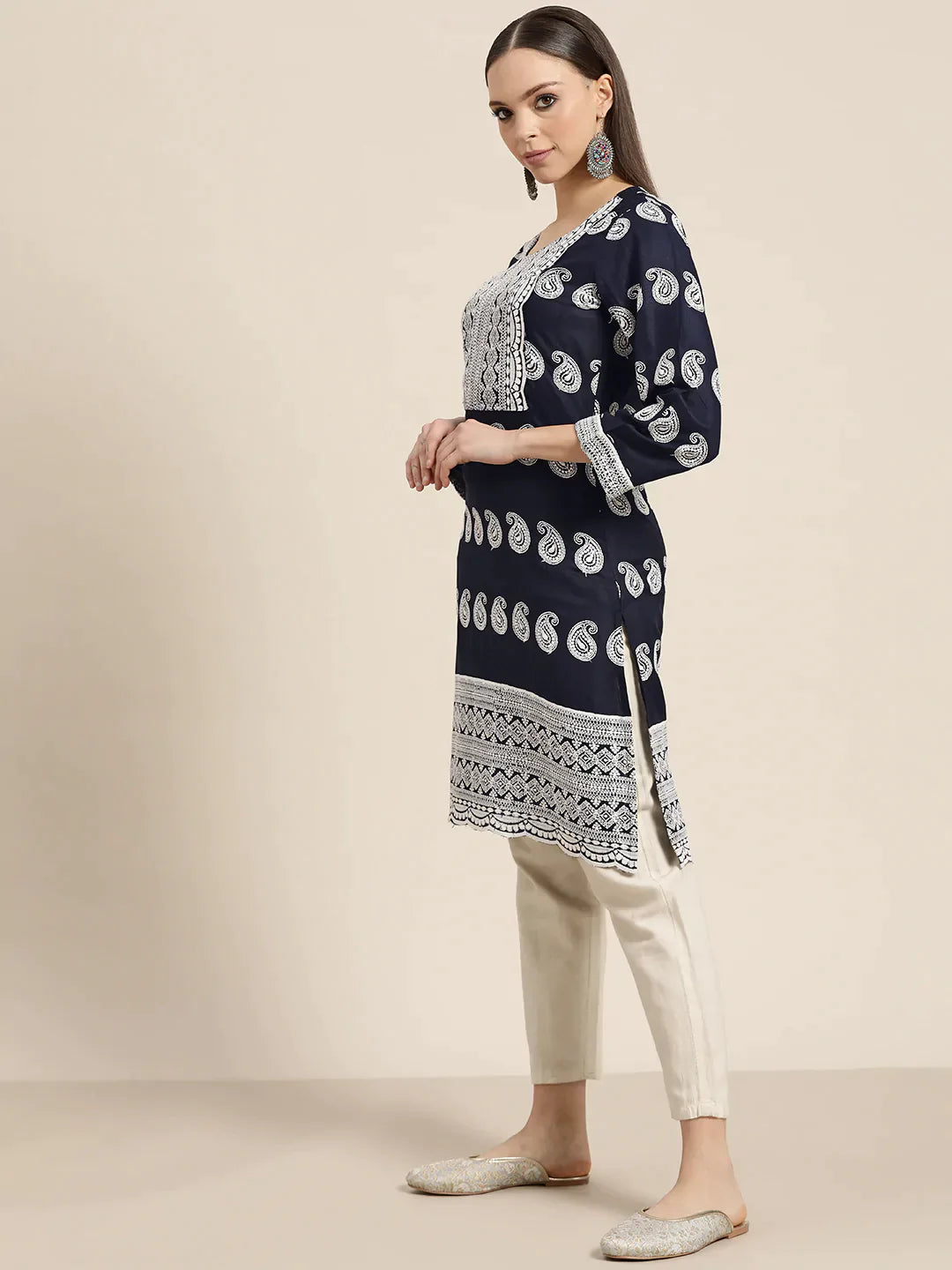 Jompers Women's Paisley Embroidered Sequinned Chikankari Kurta - Navy Blue - Distacart