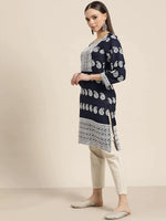 Thumbnail for Jompers Women's Paisley Embroidered Sequinned Chikankari Kurta - Navy Blue - Distacart