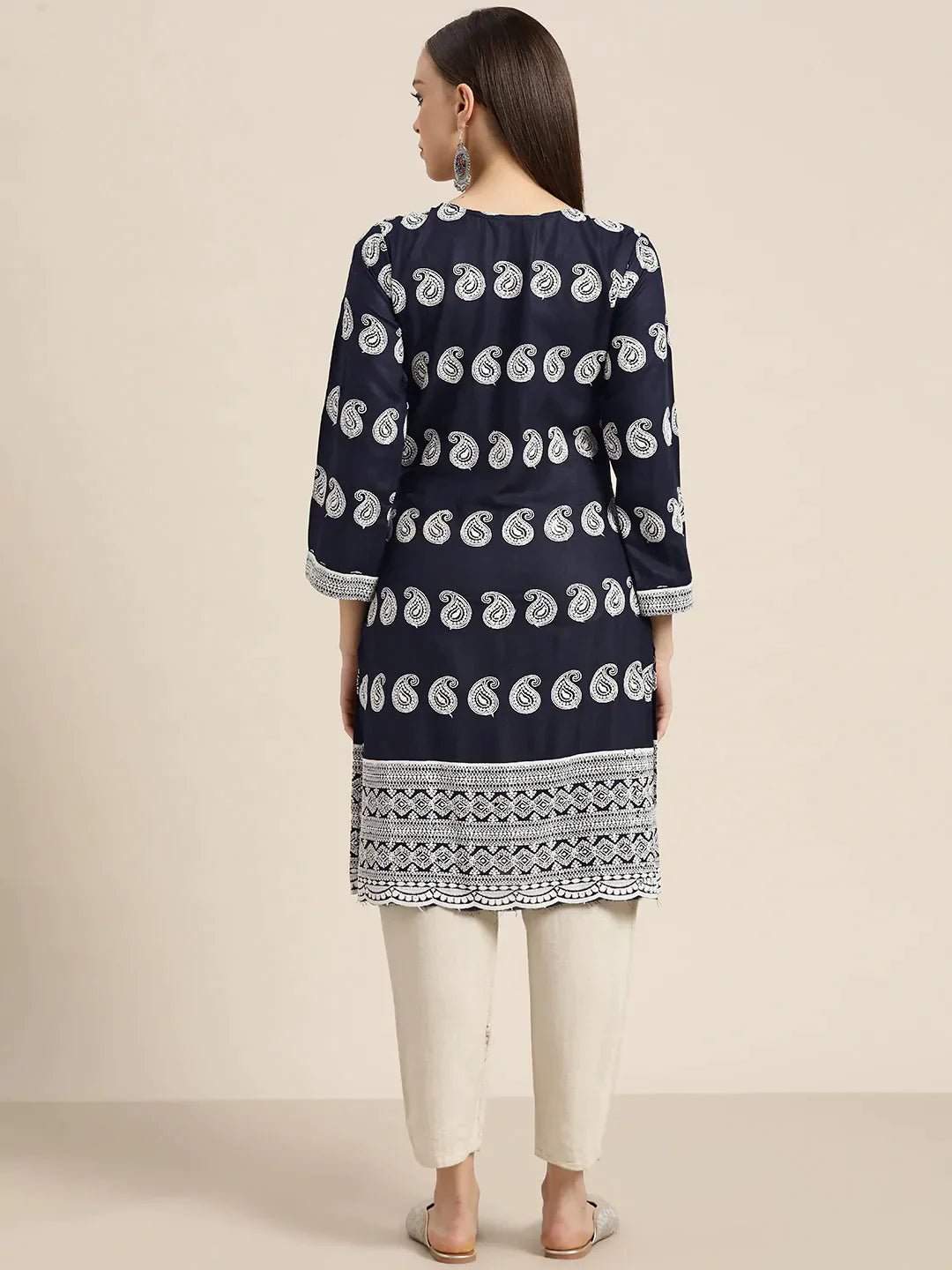 Jompers Women's Paisley Embroidered Sequinned Chikankari Kurta - Navy Blue - Distacart