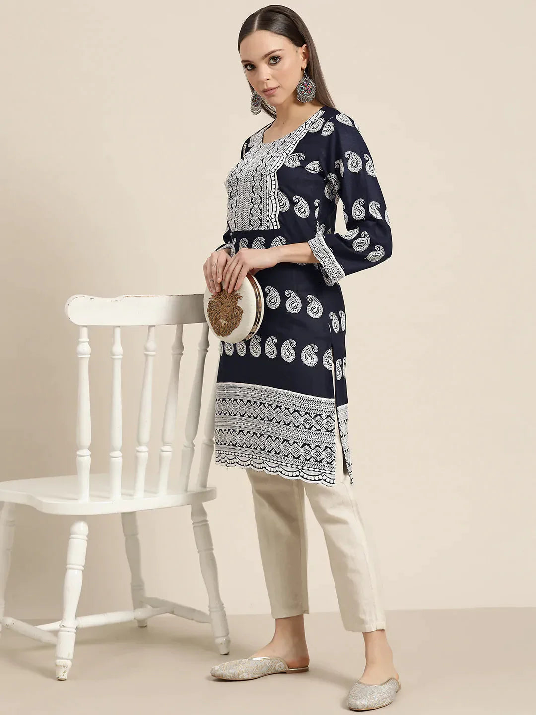 Jompers Women's Paisley Embroidered Sequinned Chikankari Kurta - Navy Blue - Distacart