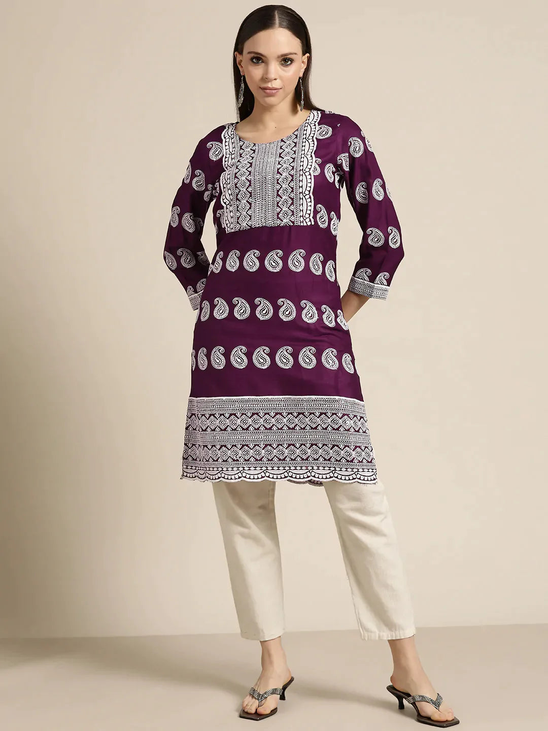 Jompers Women's Paisley Embroidered Sequinned Chikankari Kurta - Purple - Distacart