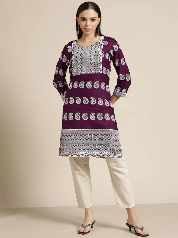 Jompers Women's Paisley Embroidered Sequinned Chikankari Kurta - Purple - Distacart