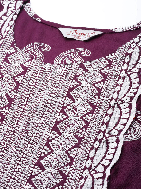 Jompers Women's Paisley Embroidered Sequinned Chikankari Kurta - Purple - Distacart