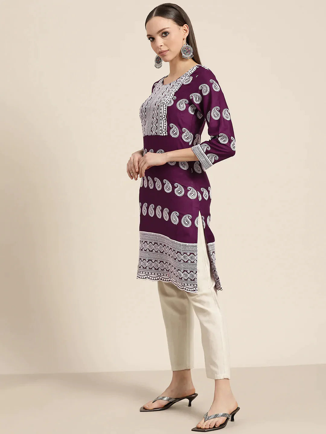 Jompers Women's Paisley Embroidered Sequinned Chikankari Kurta - Purple - Distacart