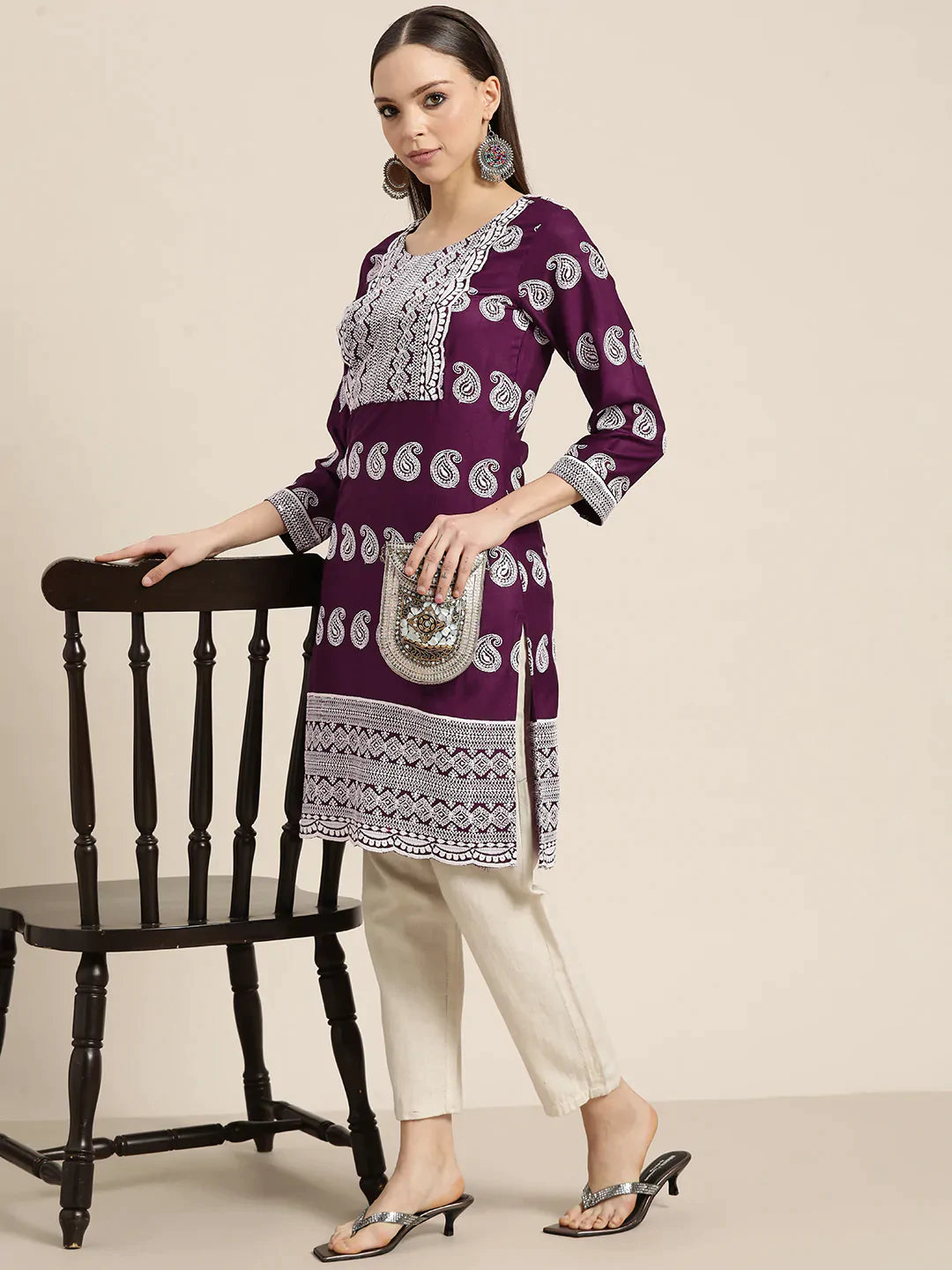 Jompers Women's Paisley Embroidered Sequinned Chikankari Kurta - Purple - Distacart