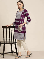 Thumbnail for Jompers Women's Paisley Embroidered Sequinned Chikankari Kurta - Purple - Distacart