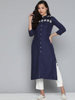 Thumbnail for Jompers Women's Paisley Embroidered Chikankari Navy Kurta - Distacart