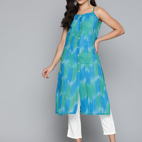 Jompers Women's Pure Cotton Blue Ikkat Kurta - Distacart