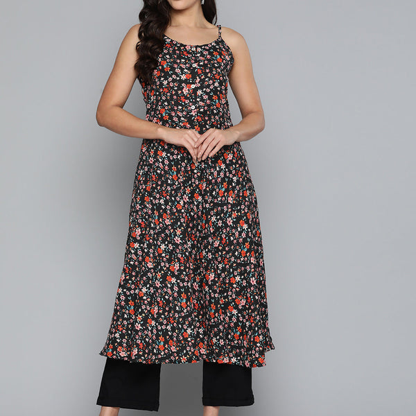 Jompers Women's Floral Printed Floral Georgette Kurta - Black - Distacart