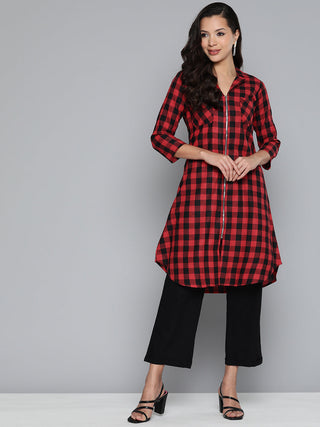 Jompers Women's Red-Black Checks Kurta - Distacart