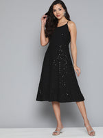 Thumbnail for Jompers Women's Black Floral Sequin Embroidered A-Line Midi Dress - Black - Distacart