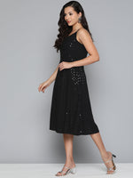 Thumbnail for Jompers Women's Black Floral Sequin Embroidered A-Line Midi Dress - Black - Distacart