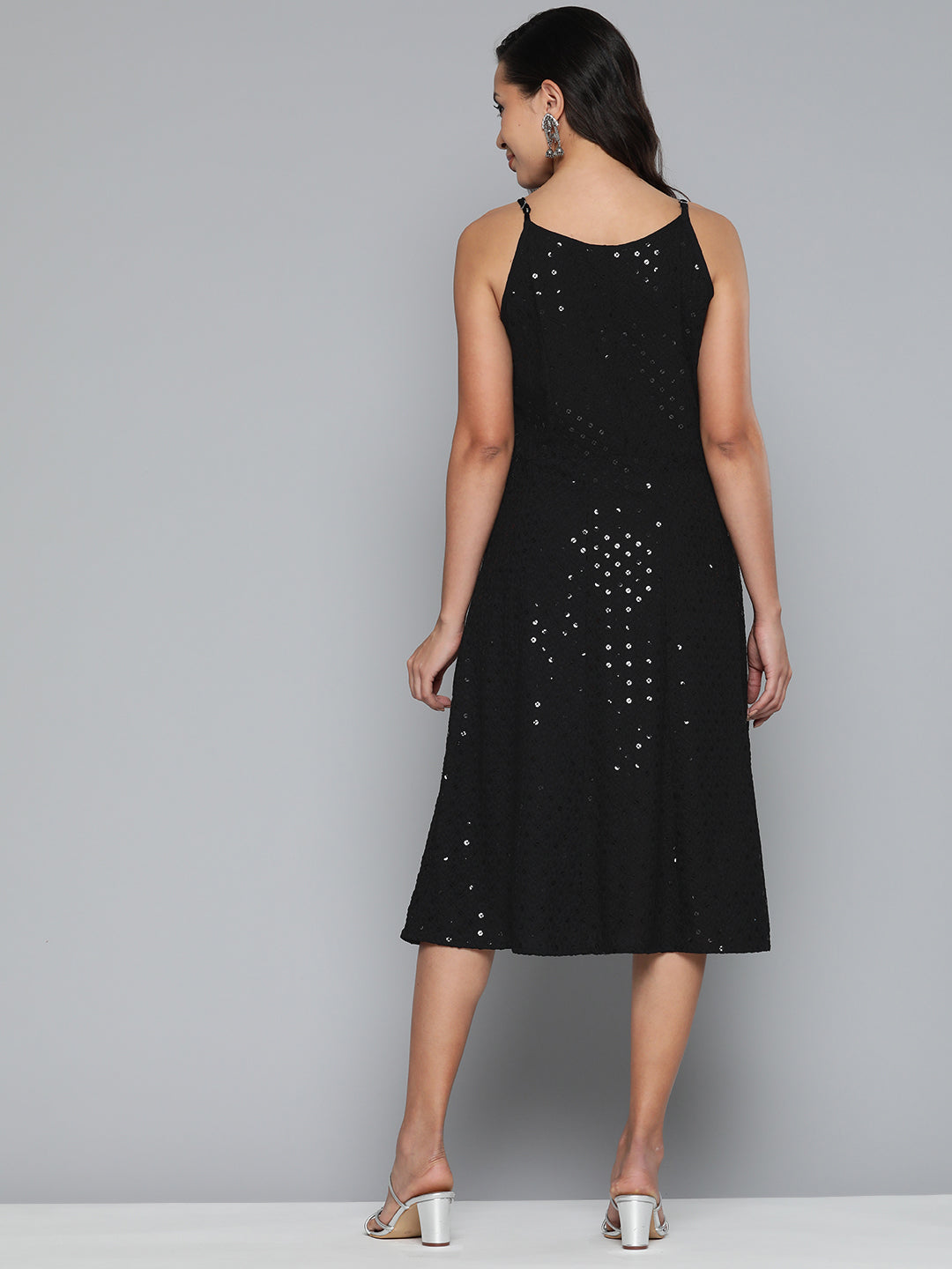 Jompers Women's Black Floral Sequin Embroidered A-Line Midi Dress - Black - Distacart