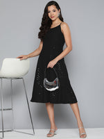 Thumbnail for Jompers Women's Black Floral Sequin Embroidered A-Line Midi Dress - Black - Distacart