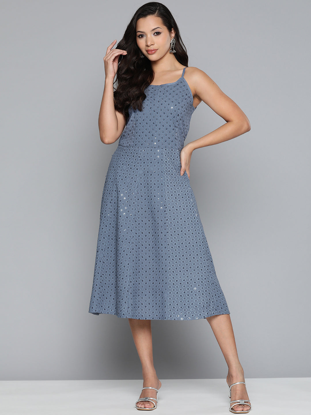 Jompers Women's Grey Floral Sequin Embroidered A-Line Midi Dress - Grey - Distacart