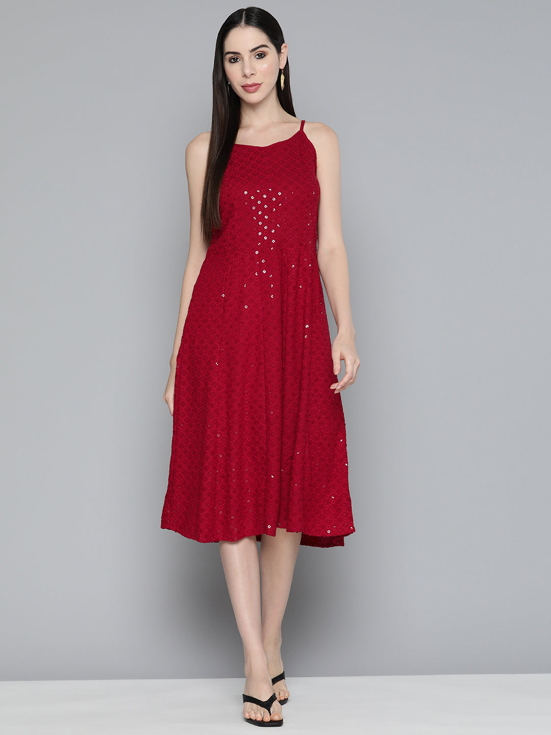 Jompers Women's Maroon Floral Sequin Embroidered A-Line Midi Dress - Maroon - Distacart