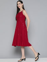 Thumbnail for Jompers Women's Maroon Floral Sequin Embroidered A-Line Midi Dress - Maroon - Distacart