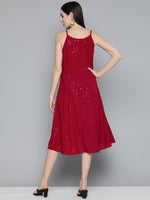 Thumbnail for Jompers Women's Maroon Floral Sequin Embroidered A-Line Midi Dress - Maroon - Distacart