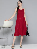 Thumbnail for Jompers Women's Maroon Floral Sequin Embroidered A-Line Midi Dress - Maroon - Distacart
