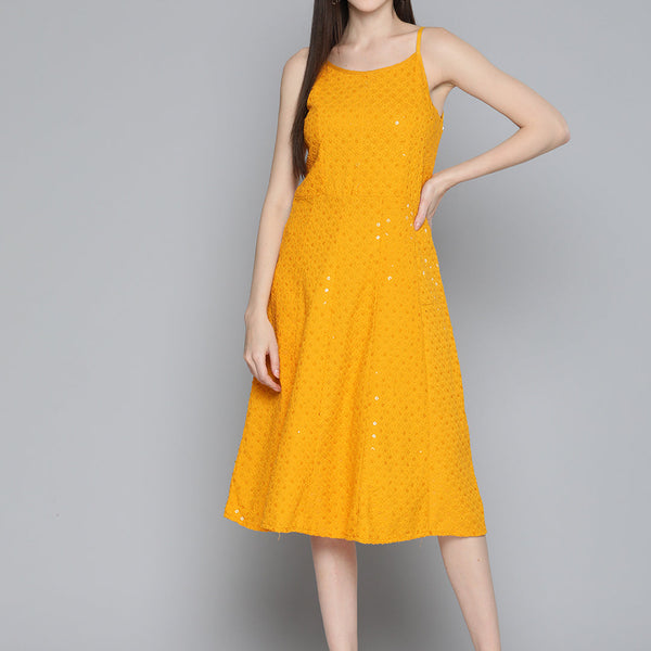 Jompers Women's Mustard Floral Sequin Embroidered A-Line Midi Dress - Mustard - Distacart