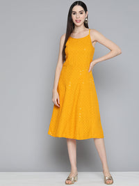 Thumbnail for Jompers Women's Mustard Floral Sequin Embroidered A-Line Midi Dress - Mustard - Distacart