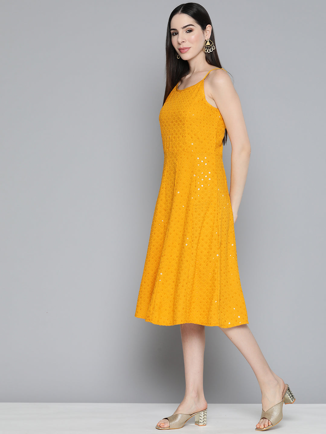 Jompers Women's Mustard Floral Sequin Embroidered A-Line Midi Dress - Mustard - Distacart