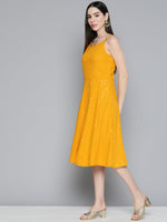 Thumbnail for Jompers Women's Mustard Floral Sequin Embroidered A-Line Midi Dress - Mustard - Distacart