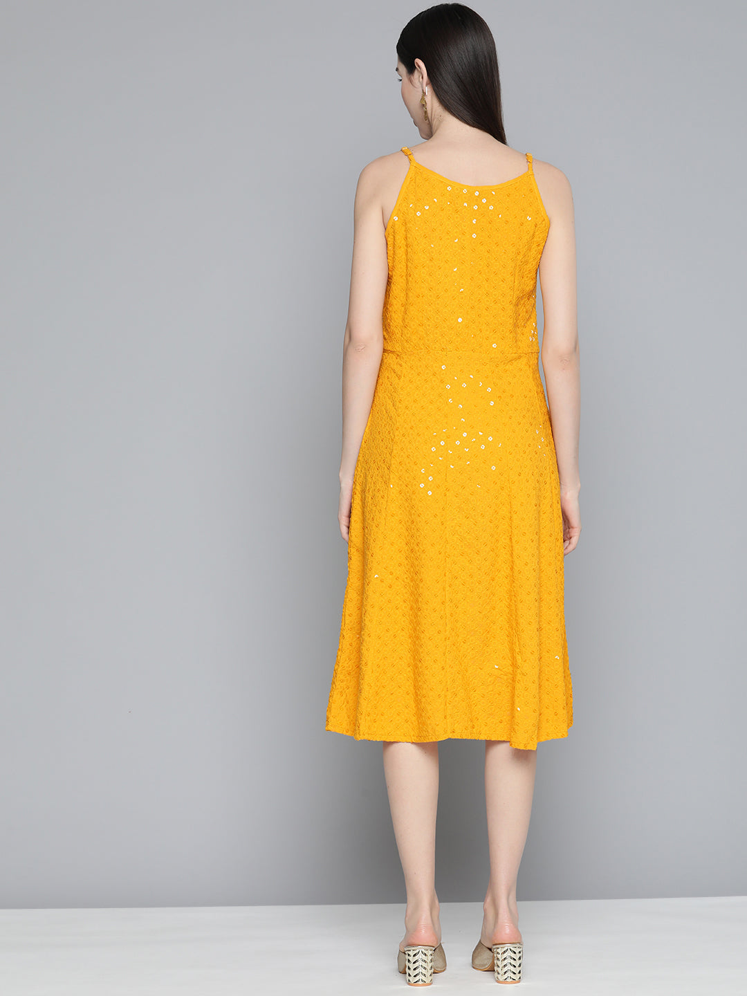 Jompers Women's Mustard Floral Sequin Embroidered A-Line Midi Dress - Mustard - Distacart