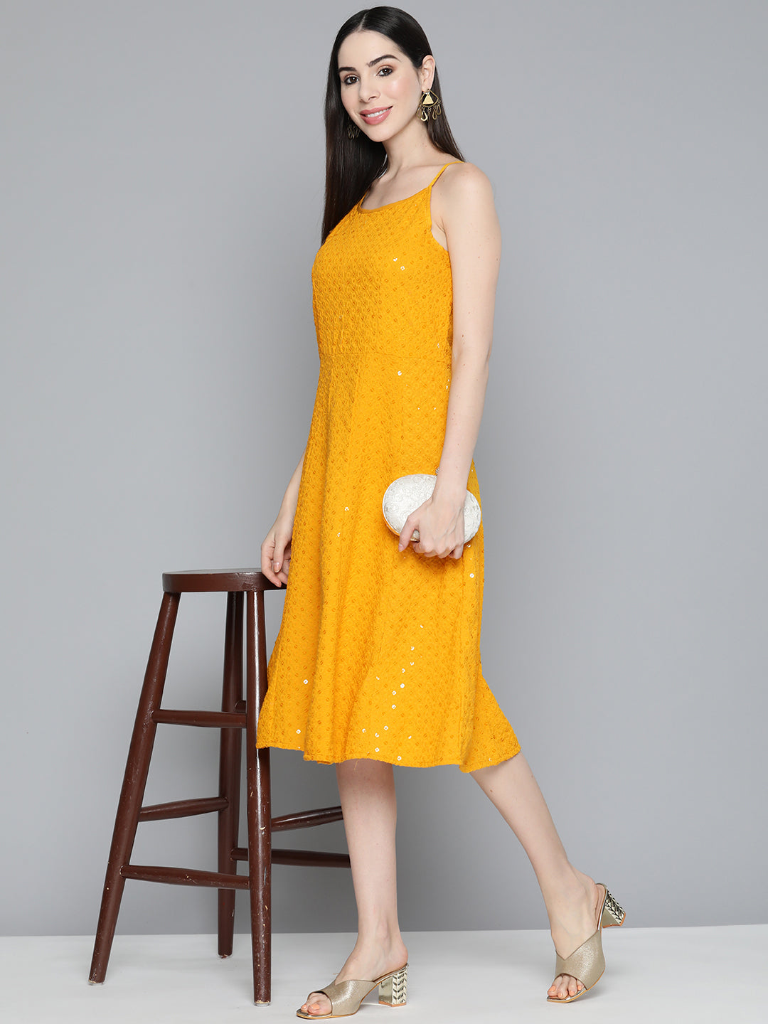 Jompers Women's Mustard Floral Sequin Embroidered A-Line Midi Dress - Mustard - Distacart