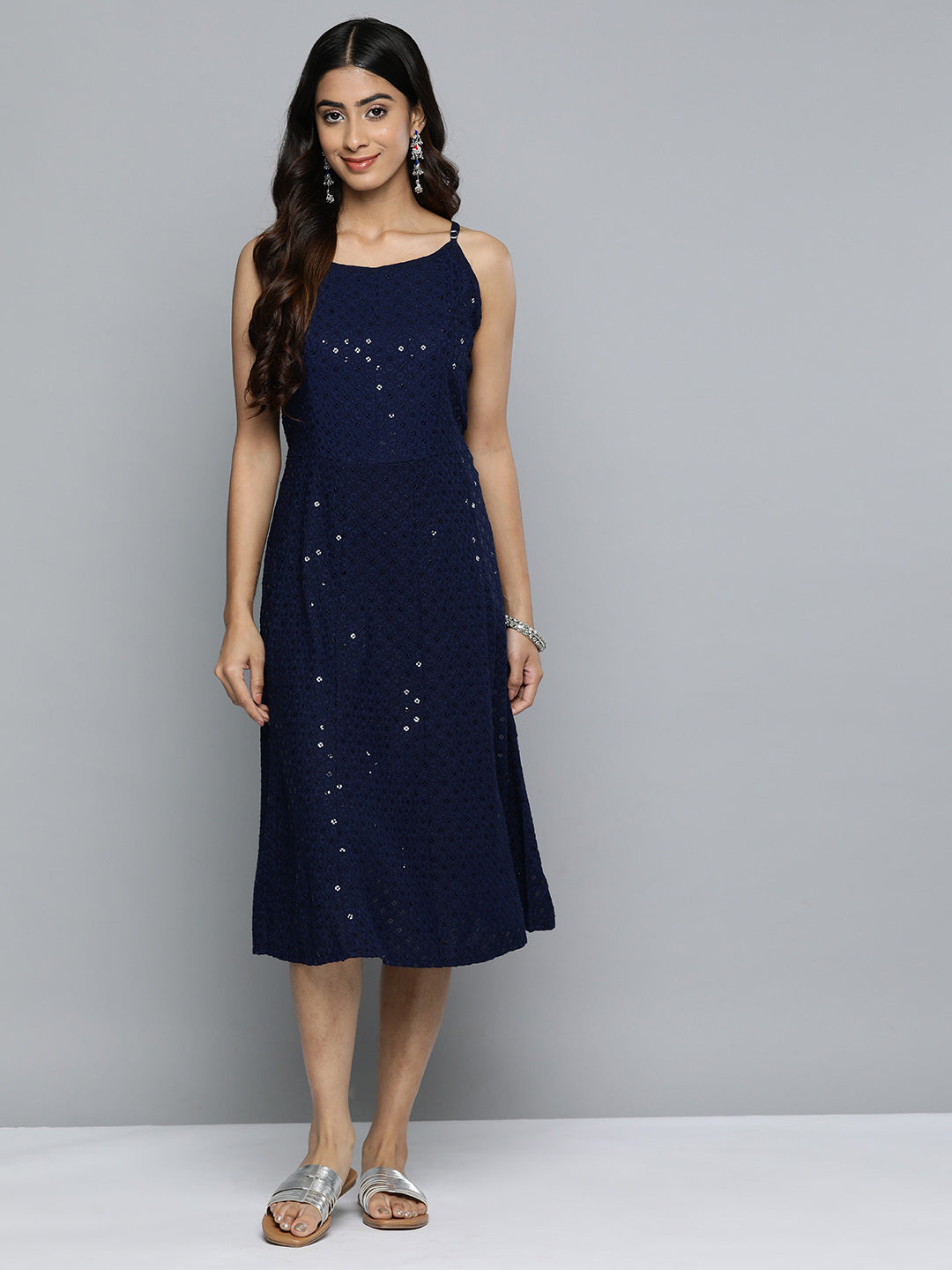 Jompers Women's Navy Floral Sequin Embroidered A-Line Midi Dress - Distacart