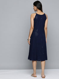 Thumbnail for Jompers Women's Navy Floral Sequin Embroidered A-Line Midi Dress - Distacart