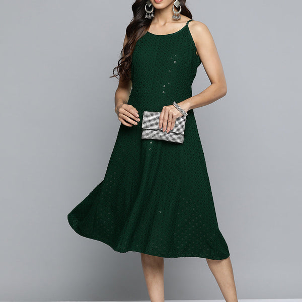 Jompers Women's Olive Floral Sequin Embroidered A-Line Midi Dress - Distacart