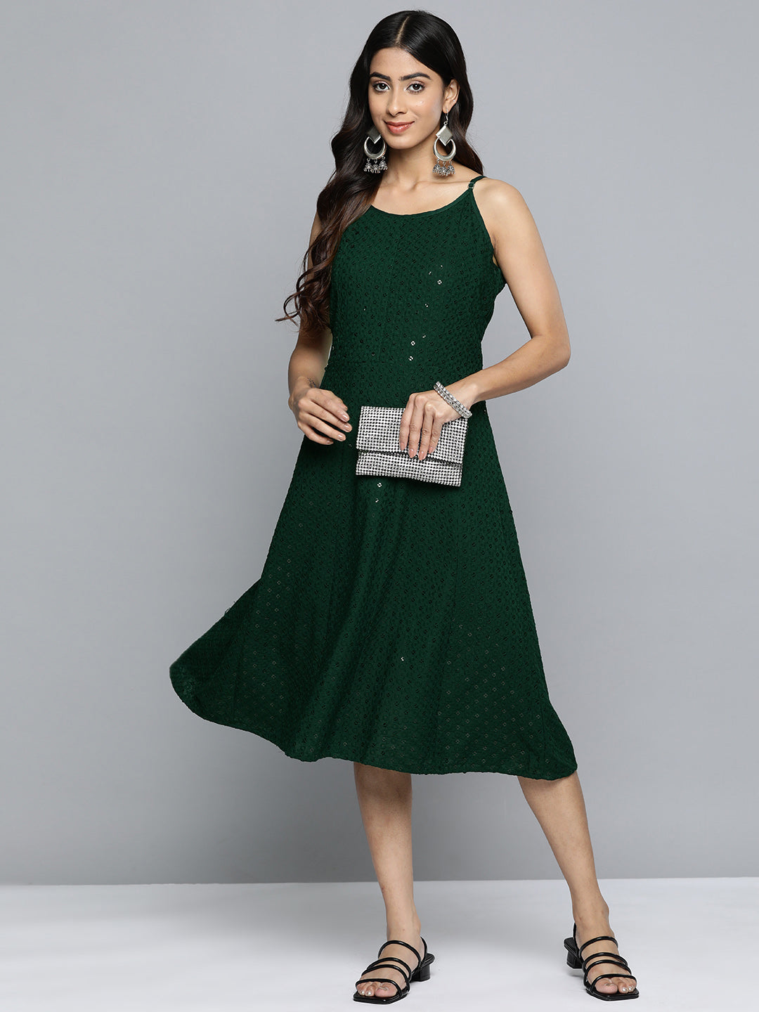 Jompers Women's Olive Floral Sequin Embroidered A-Line Midi Dress - Distacart